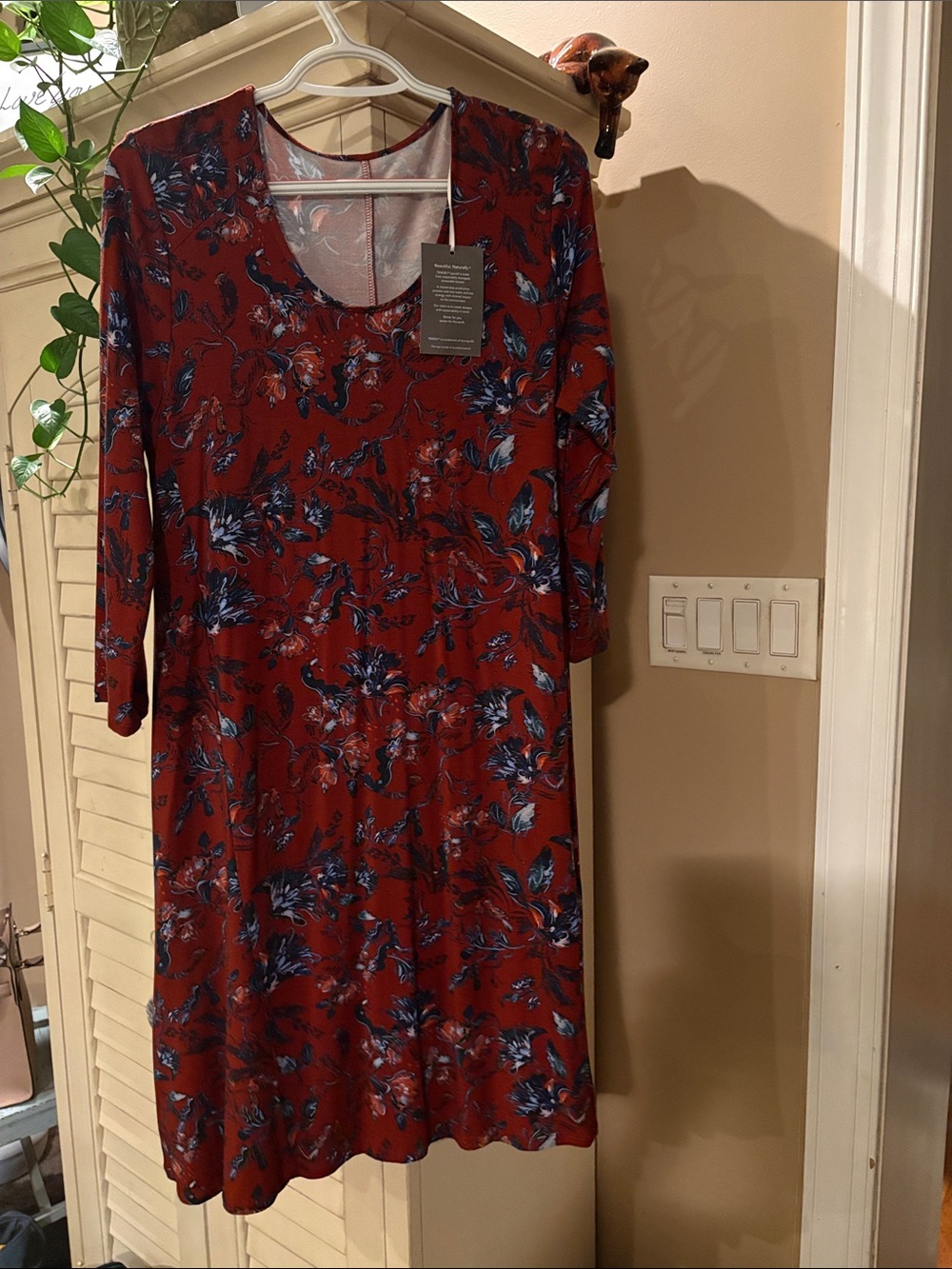 NWT Garnet Hill Deep Rust Floral 3/4 Ugg  Sleeve Scoop Neck Dress